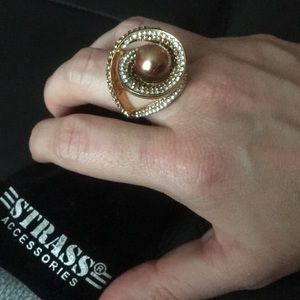 Bronze pearl spiral gold tone pave crystal ring